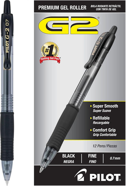 Pilot G2 Premium Gel Roller Pens 0.7, Fine Point Smooth Writing Pens Black, Pack of 12
