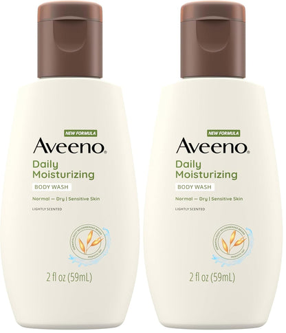 aveeno daily moisturizing body wash for sensitive skin + prebiotic oat, gentle on dry skin, 2 fl. oz travel size