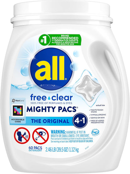 All Mighty Pacs Laundry Detergent, Free Clear for Sensitive Skin, Tub, 60 Count