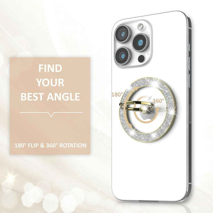 Magnetic Phone Ring Holder for MagSafe Cell Phone Grip Stand Finger Ring Stand Compatible with iPhone 17 16 15 14 13 12 Pro Max MagSafe Accessories Android. (Glitter Gold)