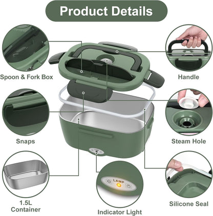 Vabaso Electric Lunch Box for Adults, 80W Heated Lunch Box Portable Food Warmer Lunch Box for Work/Men/Car/Truck with 1.5L 304 Stainless Steel Container Fork & Spoon, 110V/12V/24V