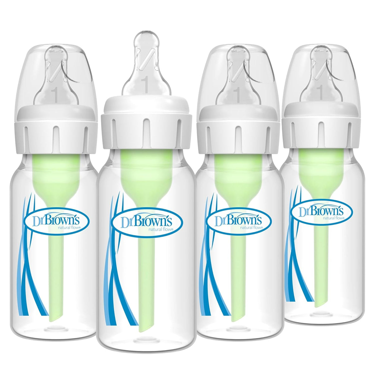 Dr. Brown's Natural Flow Anti-Colic Options+ Narrow Baby Bottle, 4 oz/120 mL, with Level 1 Slow Flow Nipple, 0m+, 4 Pack