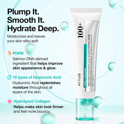 ANUA PDRN Hyaluronic Acid 100 Moisturizing Cream, Lightweight, Non-Greasy Hydrating Face Moisturizer with Salmon DNA for Glass Skin, Korean Skincare (2.02 fl oz)
