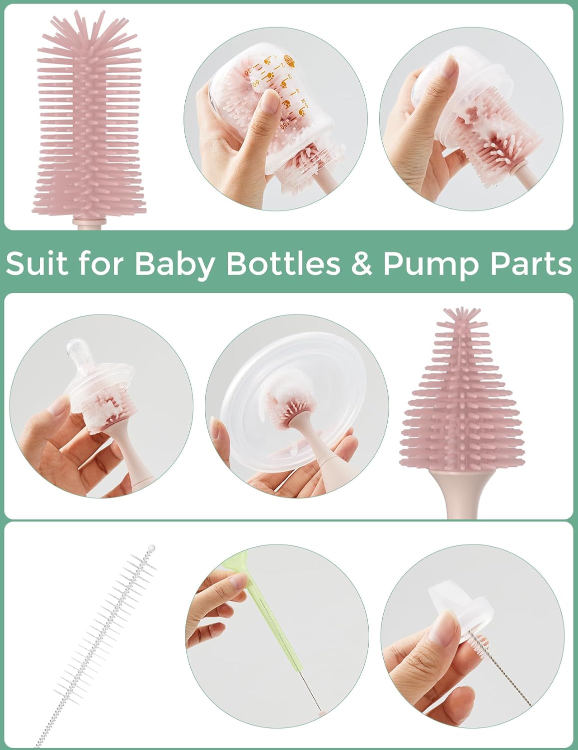 Momcozy Bottle Brush Kit, Innovative Push-Press Design for Better Cleaning - Baby Bottle Cleaner Brush for Baby Bottle, Breast Pumps, Nipples, and More - Can Generate Foam for Better Cleaning, Pink