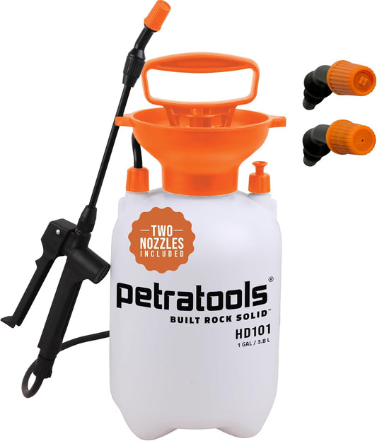Petratools 1 Gallon Pump Sprayer – HD101 Garden Sprayer for Weeds, Lawn Care & Pesticides – 52” Long Hose, 2 Nozzles & Easy Carry Handle – Durable & Lightweight
