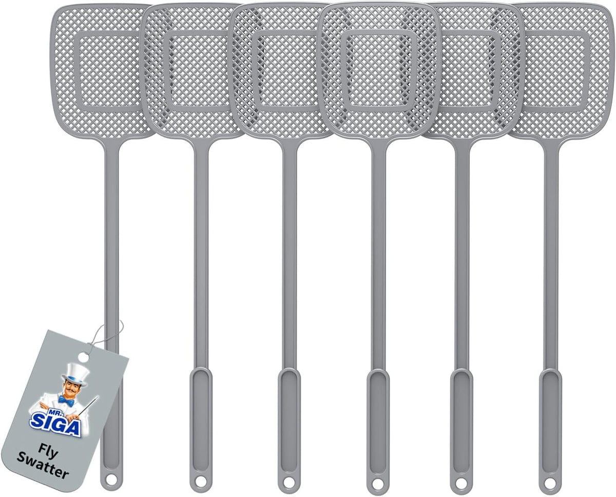 MR.SIGA Heavy Duty Long Handle Fly Swatter, Gray, 6 Pack