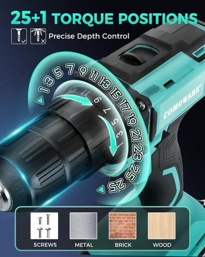 COMOWARE 20V Cordless Drill, Electric Power Drill Set with 1 Battery & Charger, 3/8” Keyless Chuck, 2 Variable Speed, 266 In-lb Torque, 25+1 Position and 34pcs Drill/Driver Bits
