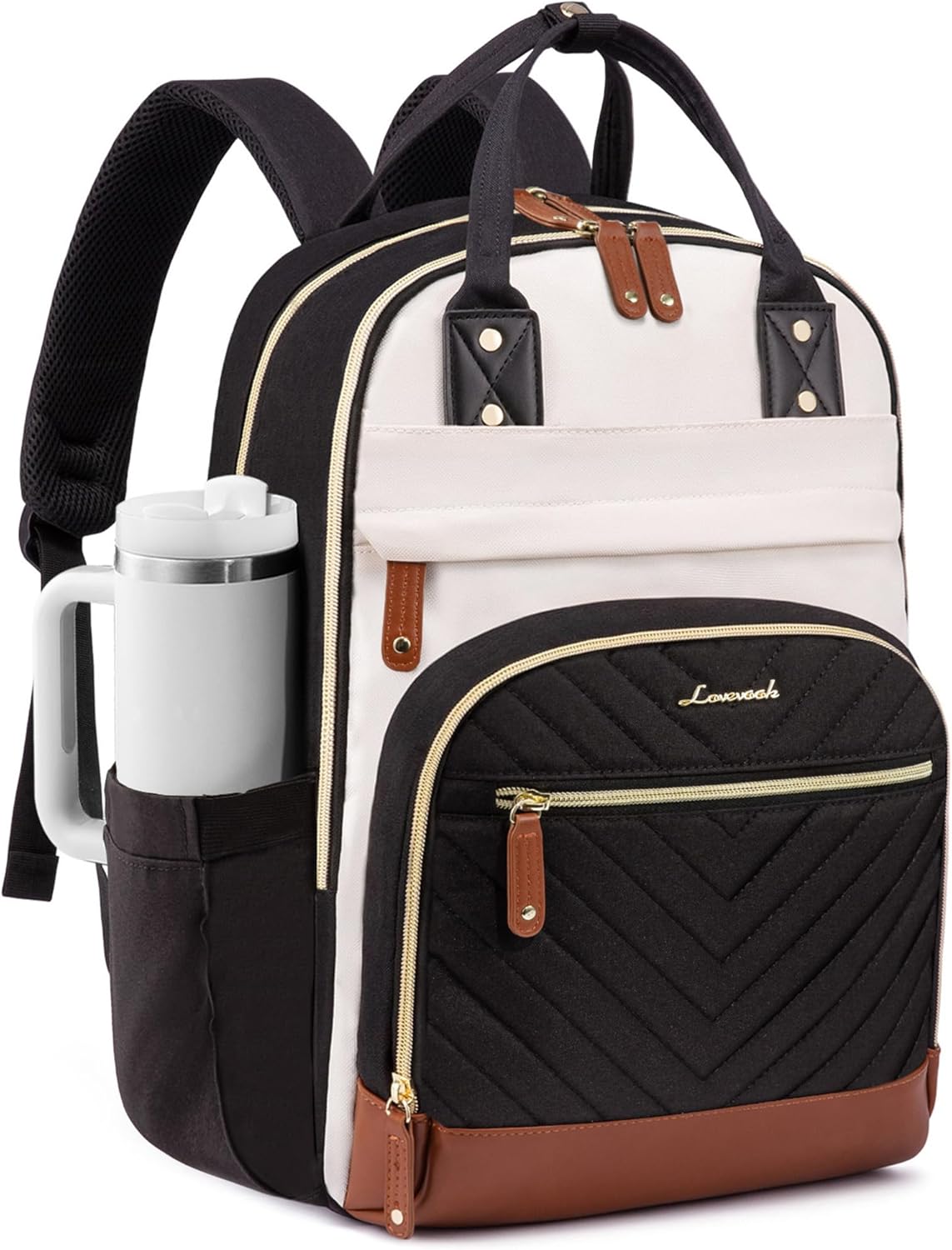 LOVEVOOK Backpack for Women, Fits 15.6 Inch Laptop Bag, School Backpacks, Fashion Travel Work Anti-theft Bag, Business Computer Waterproof College Backpack Purse, Beige-Black-Brown
