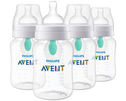 Philips Avent 9oz Anti-Colic Baby Bottle with AirFree Vent, 4pk, Clear, Flow 2 Nipples, 1m+