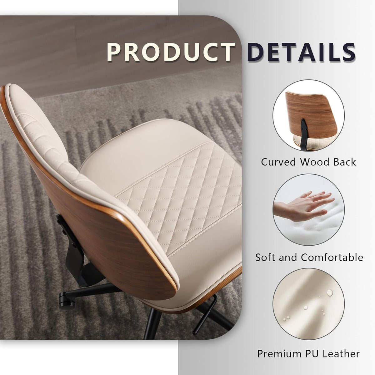 Home Office Chair No Arms with Wheels, Adjustable Height Small Desk Chair, PU Leather Mid Back 360 Swivel Computer Chair, Armless Modern Walnut Chair for Office, Reading Meeting Room(Beige)