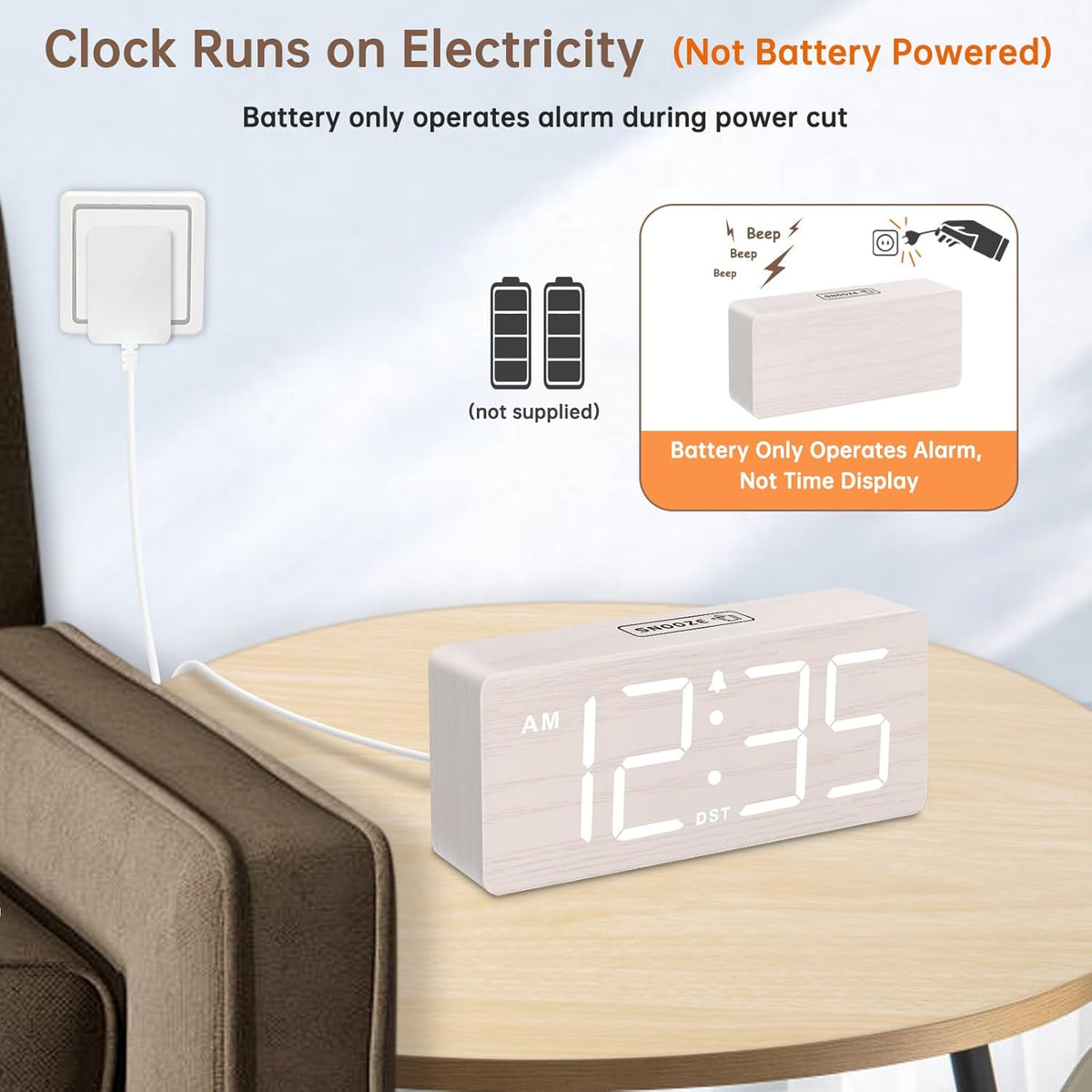 DreamSky Wooden Digital Alarm Clock for Bedroom - Desk Clock for Living Room with Large Numbers, Dimmer, Loud Alarm for Heavy Sleepers with Volume Control, DST, Office Wood Decor (Plug in Clock)