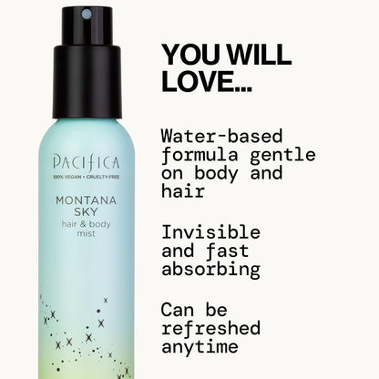 Pacifica Hair Mist Perfume & Full Body Spray for Women - Montana Sky Body Mist Fragrance w/Cedarwood, Elderflower, Black Pepper, Sage & Sandalwood Clean Beauty Alcohol-Free, Vegan & Cruelty-Free 5 oz - Cart Shape