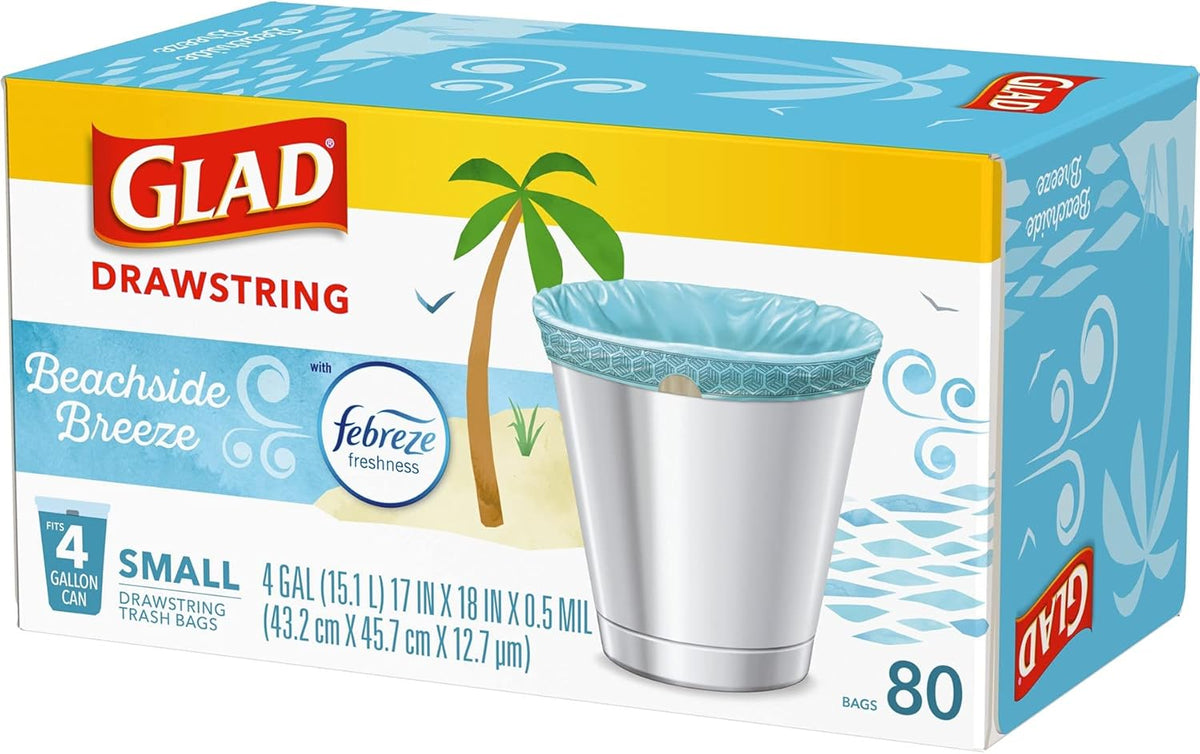 Glad Odorshield Small Drawstring Trash Bags, 4 Gal, Febreze Beachside Breeze, 80 Ct, Pack May Vary