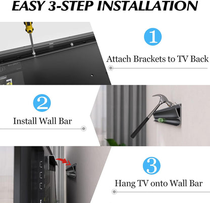 No Stud TV Wall Mount, Drywall Studless TV Hanger No Damage, No Drill, Non Screws, Dry Wall Flat Screen TVs Easy Install Bar Bracket fits VESA 12-55 inch TVs up to 99 lbs, Include Hardware Levels