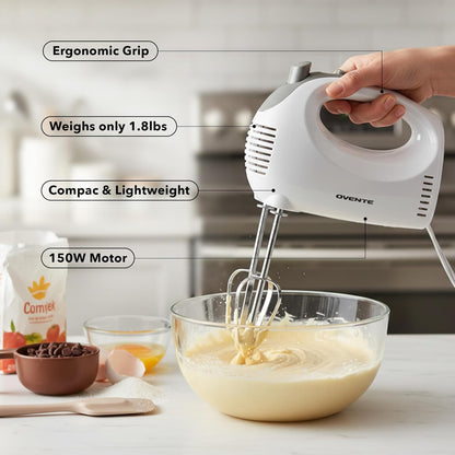 OVENTE 5-Speed Corded Electric Hand Mixer with Stainless Steel Whisks, Compact Portable Design with Snap-On Storage Case,150W Lightweight Handheld Mixer for Baking & Cooking, White HM151W