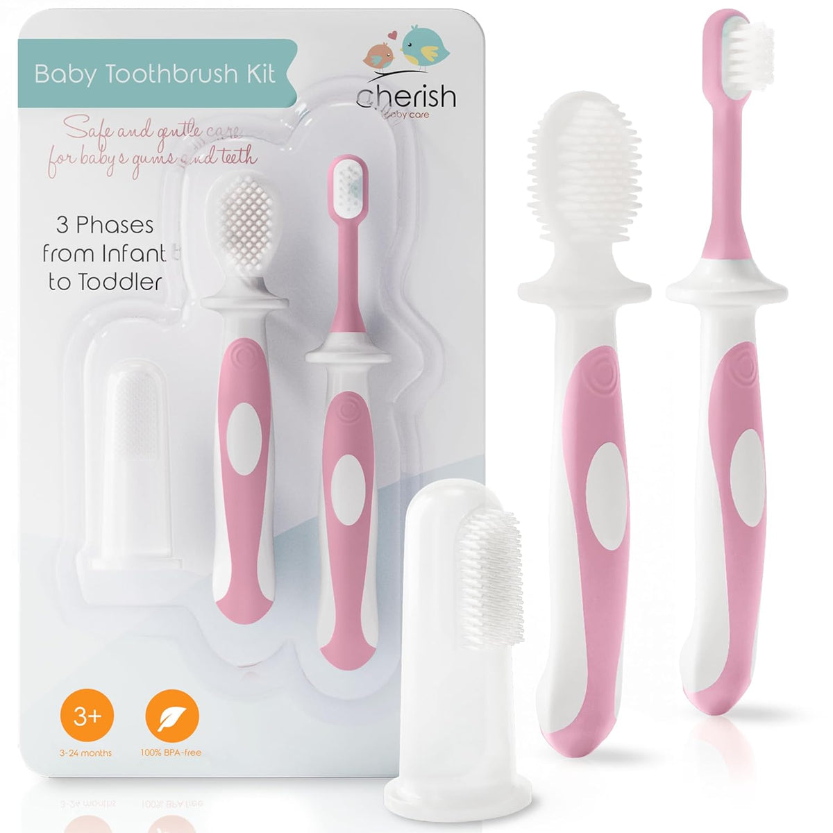 cherish baby care baby toothbrush & toddler toothbrush set (0-2 years) - teal - bpa-free & safety-tested