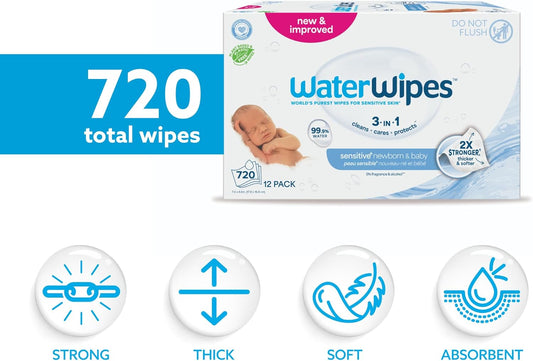 WaterWipes Sensitive+ Newborn & Baby Wipes, 3-In-1 Cleans, Cares, Protects, 99.9% Water, Unscented & Hypoallergenic, 720 Count (12 Packs)