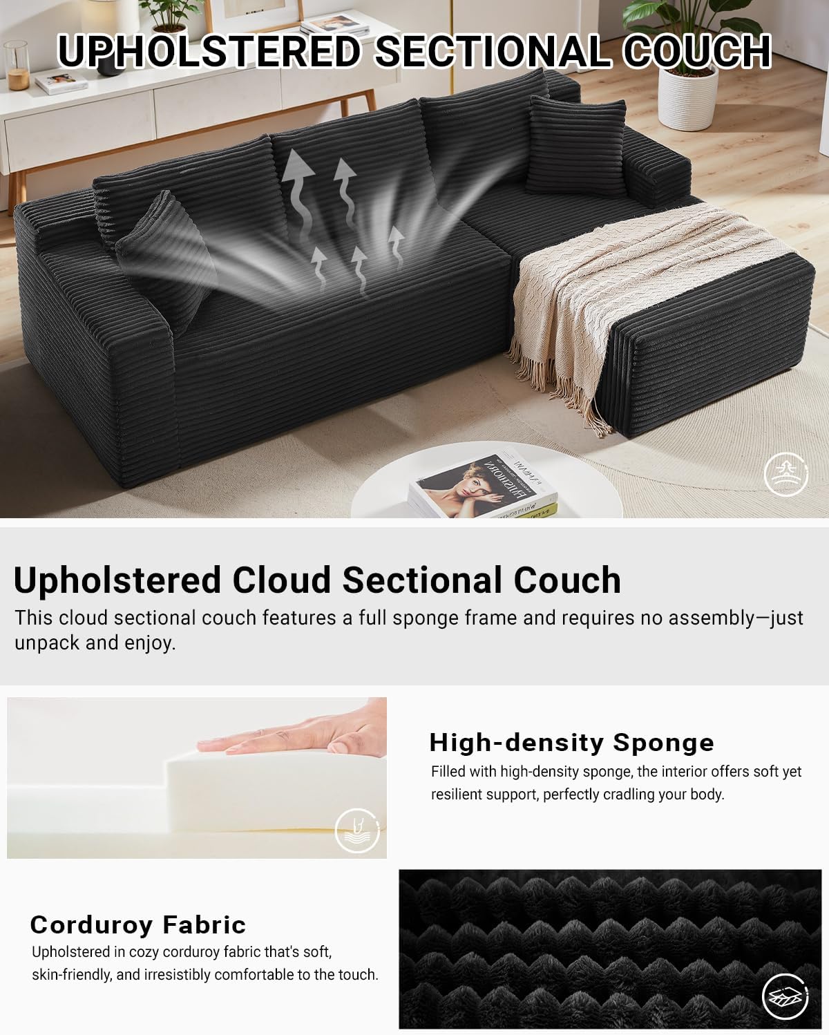 Cloud Sectional Couch,105 Inch Modular Sectional Sofa with Deep Seat,Modern Corduroy Boneless Couches with L-Shape Chaise for Living Room Bedroom,No Assembly Required (Black, Right Facing Chaise)
