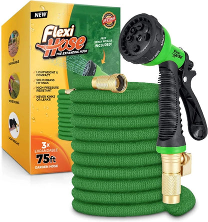 Flexi Hose with 8 Function Nozzle, 50FT - Lightweight Expandable Garden Hose, No-Kink Flexibility, 3/4 Inch Solid Brass Fittings and Double Latex Core - Green