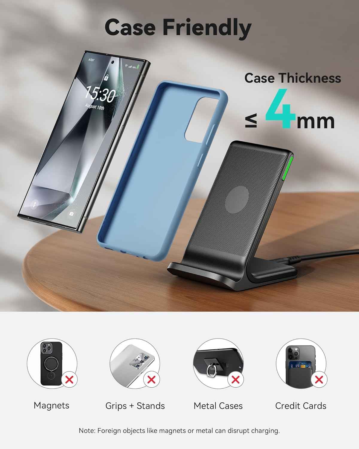 INIU Wireless Charger, 15W Fast Qi Certified Wireless Charging Station with Sleep-Friendly Adaptive Light Compatible with iPhone 17 16 15 14 13 12 Pro Max Samsung Galaxy S25 S24 S23 Note 20 Google etc