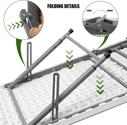Folding Table 4 Foot Portable Heavy Duty Plastic Fold-in-Half Utility Table Small Indoor Outdoor Adjustable Height Folding with Carrying Handle, Camping and Party,White