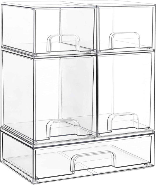 Vtopmart Stackable Storage Drawers Set of 5, Clear Plastic Organizer Bins for Baby Bottle, Beauty Supplies Storage, Ideal for Kichen Countertop, Vanity, Bathroom, Cabinet, Pantry Organization