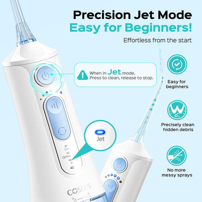 COSLUS C51 Portable Water Flosser for Teeth: 3 Modes & 6 Pressure Settings with Jet Mode Water Dental Pick for Orthodontic, Braces, Sensitive Gums, Compact for Travel, 300ML for Multiple Users, White