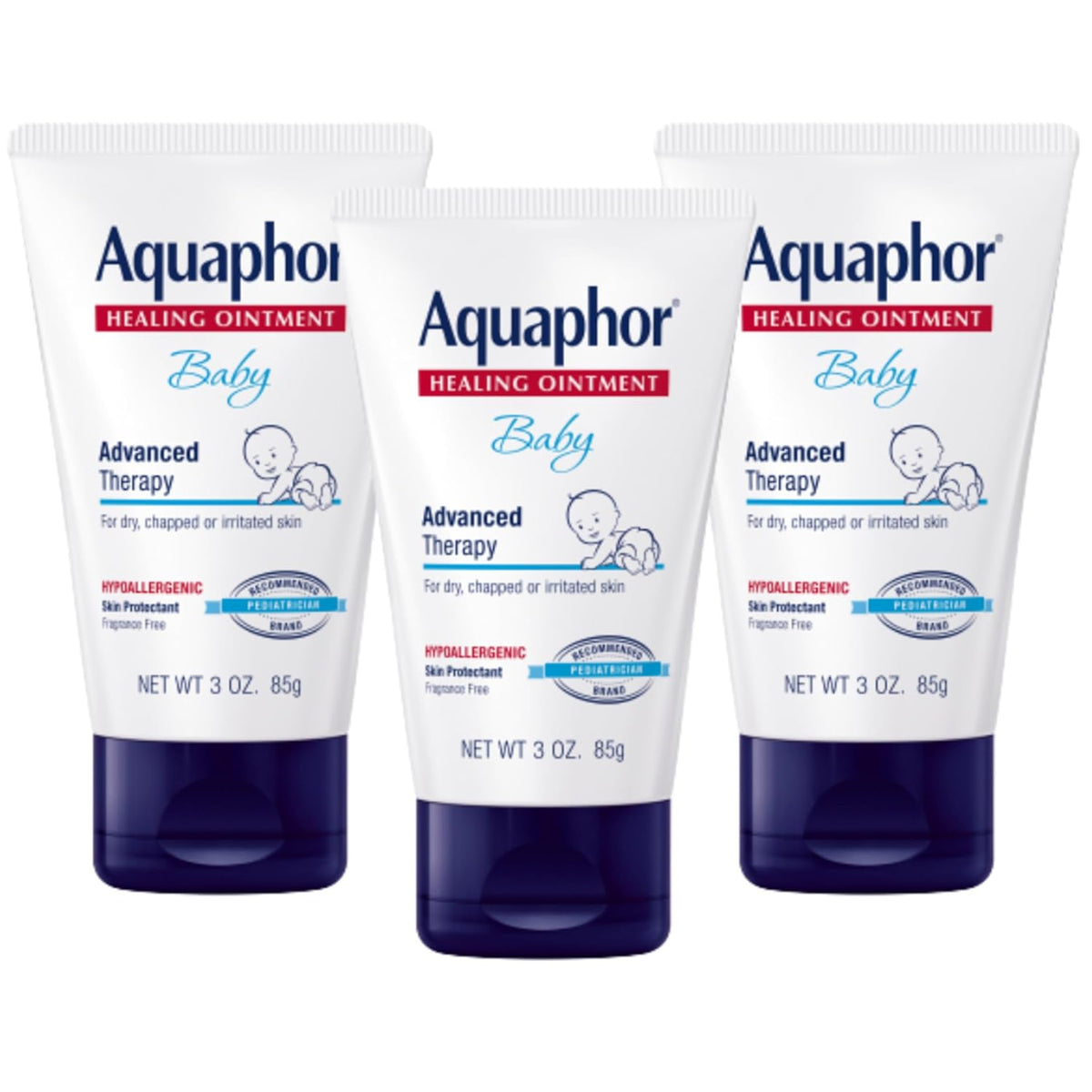 Aquaphor Baby Healing Ointment, Advanced Therapy for Chapped Cheeks and Diaper Rash, 3 oz. Tube (Pack of 3)