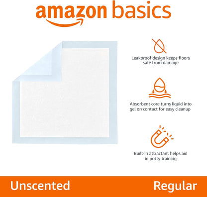 Amazon Basics Leak-Proof Dog and PLppy Potty Training Pee Pads with Quick-Dry 5-Layer Super Absorbent Design, Regular Size 22 x 22 inch, Blue & White, 100 Count