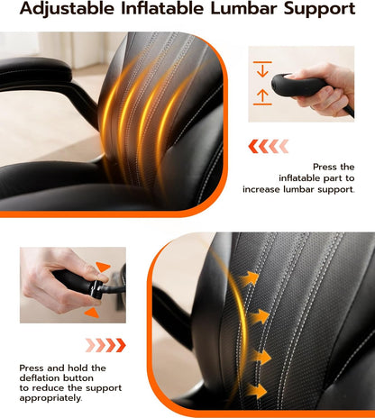 Office Desk Chair, Ergonomic Computer Chair with Padded Flip-Up Arms and Adjustable Lumbar Support, PU Leather Executive Chair with Tilt Lock and 360° Swivel Rolling Wheels for Work, Study