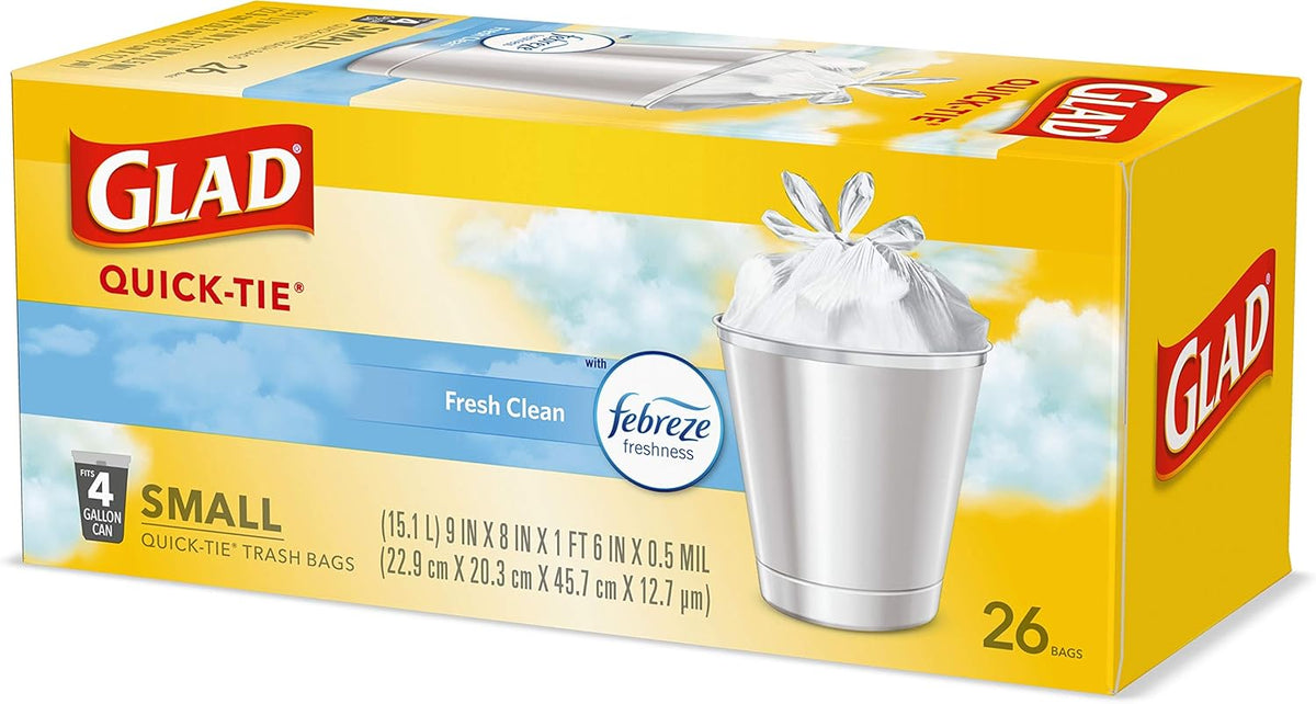 Glad OdorShield Small Trash Bags, Febreze Fresh Clean, 4 Gal, 26 Ct (Package May Vary)