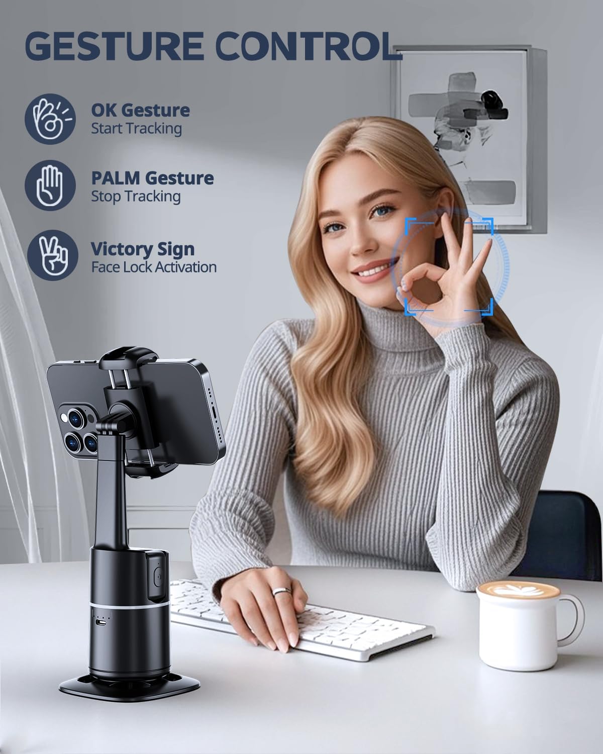 UBeesize Auto Face Tracking Tripod with Adjustable Desk Tripod, 360° Rotating vlogging kit for iPhone with Remote & Gesture Control, Rechargeable Selfie Fill Light, No App Required