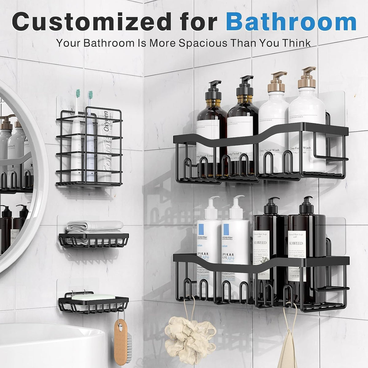 5-Pack Rustproof Stainless Steel Shower Caddy Set– No Drill Adhesive Bathroom Organizer, Space-Saving Shower Shelves for Apartment Essentials, Bathroom/Kitchen Storage Home Decor-L Size
