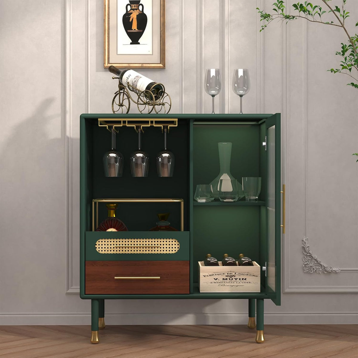 ARTPOWER Modern Coffee Bar Cabinet with Wine Glass Rack and Drawers, Green Liquor Cabinet with Pull-Out Wine Storage for Kitchen, Dining Room, Living Room