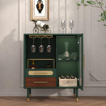ARTPOWER Modern Coffee Bar Cabinet with Wine Glass Rack and Drawers, Green Liquor Cabinet with Pull-Out Wine Storage for Kitchen, Dining Room, Living Room