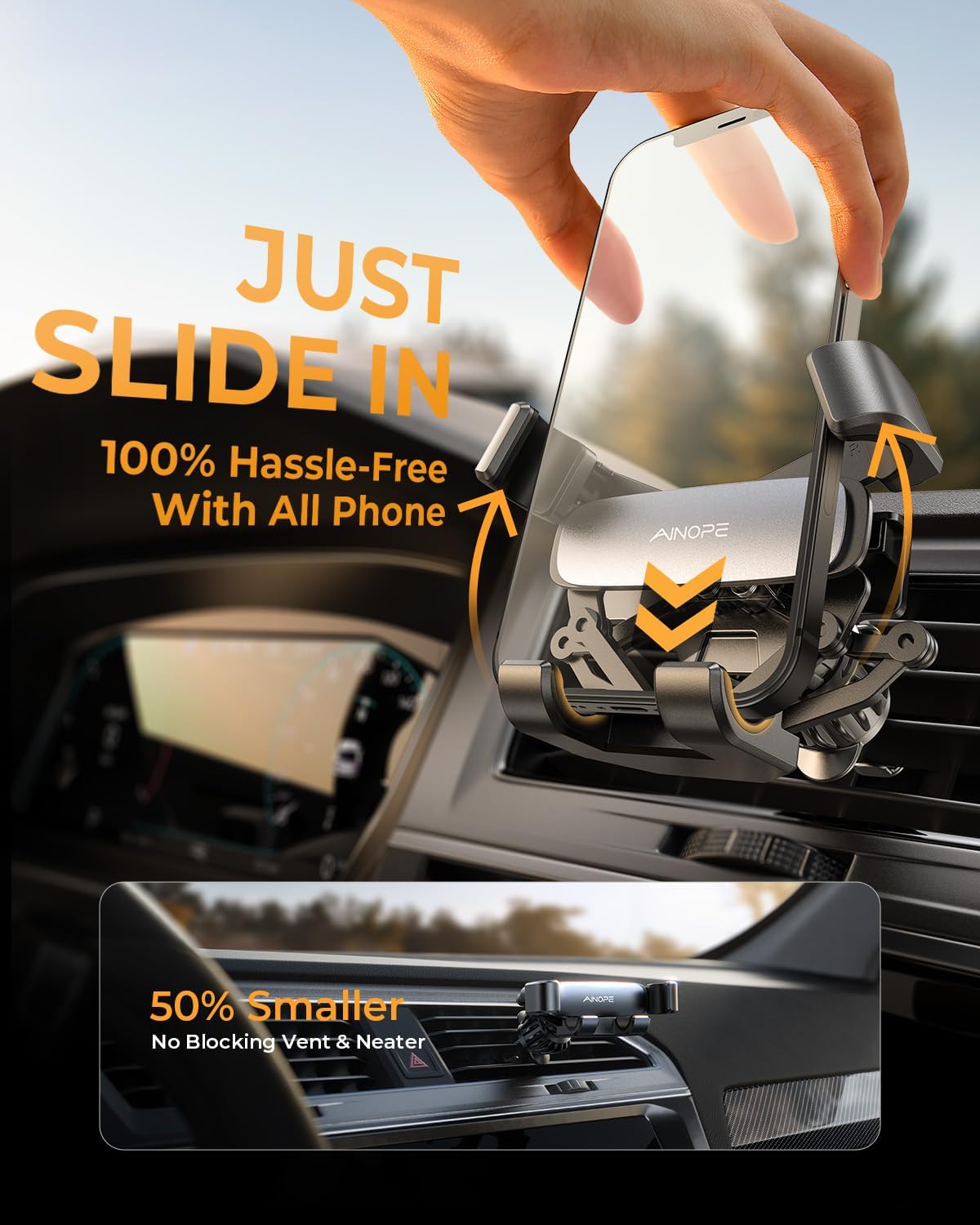 AINOPE for iPhone 17 Pro Max Car Mount Phone Holders for Your Car Slide Design Air Vent Phone Mount [Top Clamp] Cell Phone Holder Car Interior Accessories for iPhone Air 17 Pro Max 16 Samsung S25