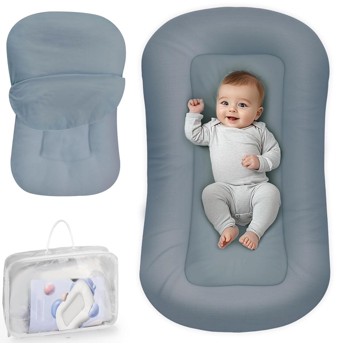 Infant Support Cushion - Baby Support Cushion for Newborn, 0-24 Months, Portable Tummy Time Mat for Home and Travel, Soft Cotton, Supervised Use, Baby Essentials Gift, Grayish Blue, (Cover Included)