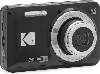 Kodak PIXPRO FZ55-BK 16MP CMOS Sensor Digital Camera 5X Optical Zoom 28mm Wide Angle 1080P Full HD Video 2.7" LCD Vlogging Camera (Black)