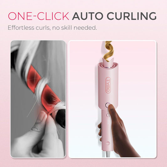 TYMO Automatic Rotating Curling Iron - TYMO CURLPRO Beach Waves Curling Wand, Portable Hair Curler, 500 Million Ionic, Dual Voltage & Lightweight for Travel, Ceramic Coating, 1 Inch, Pink