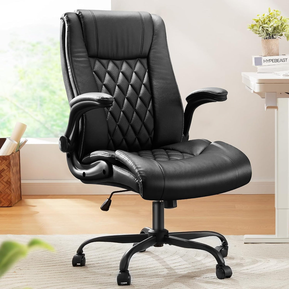 Marsail Executive Office Chair with Flip-up Armrests,PU Leather Ergonomic Desk Chair Height-Adjustable Swivel Rolling Computer Desk Chair,Black