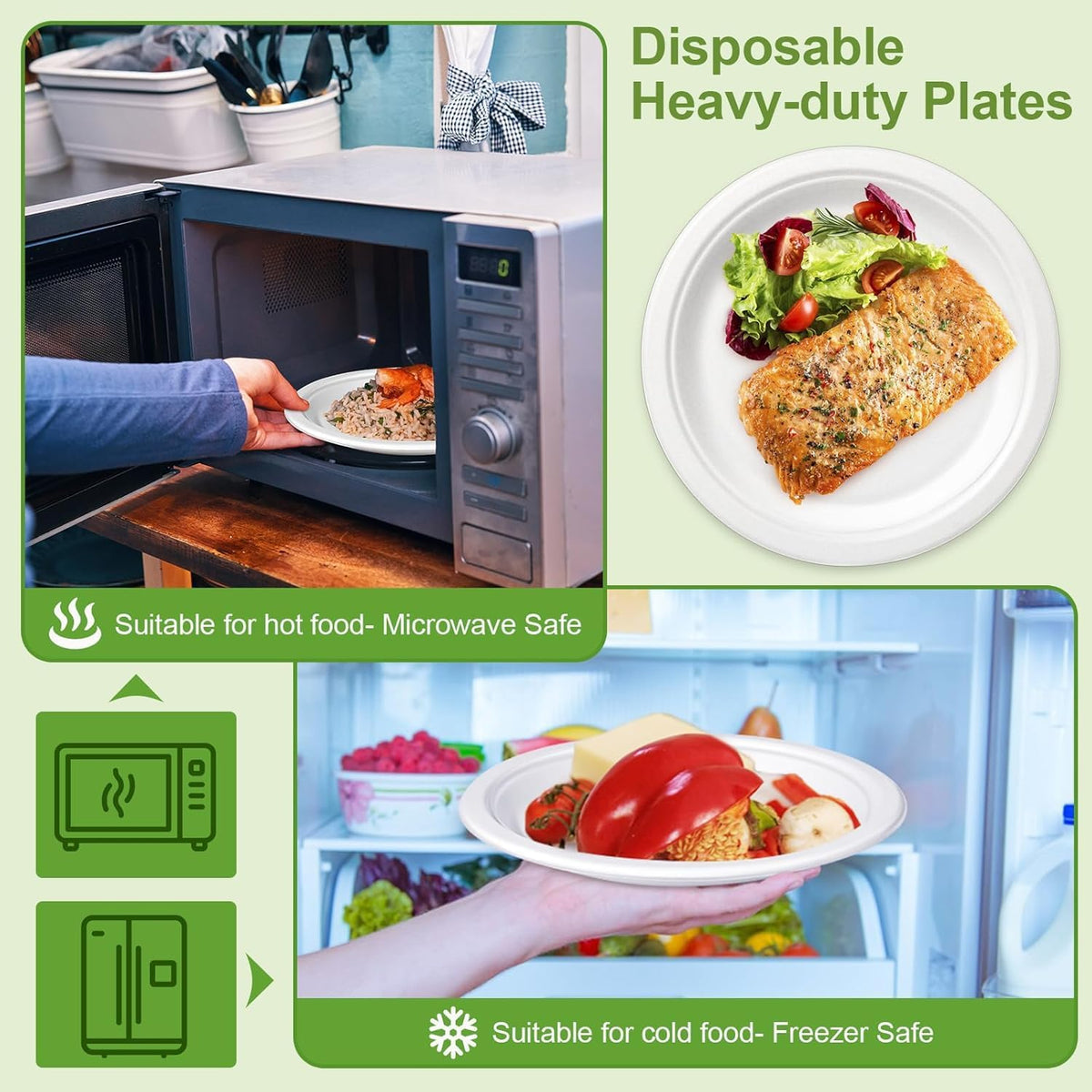 100% Compostable 5X Stronger Round 9-Inch  125 Count & 10-Inch 150Count  Paper Plates| Disposable Biodegradable Bagasse Microwave-Safe, Soak-Proof, Cut & Leak Resistant Plates For Everyday Meals BBQs & Parties