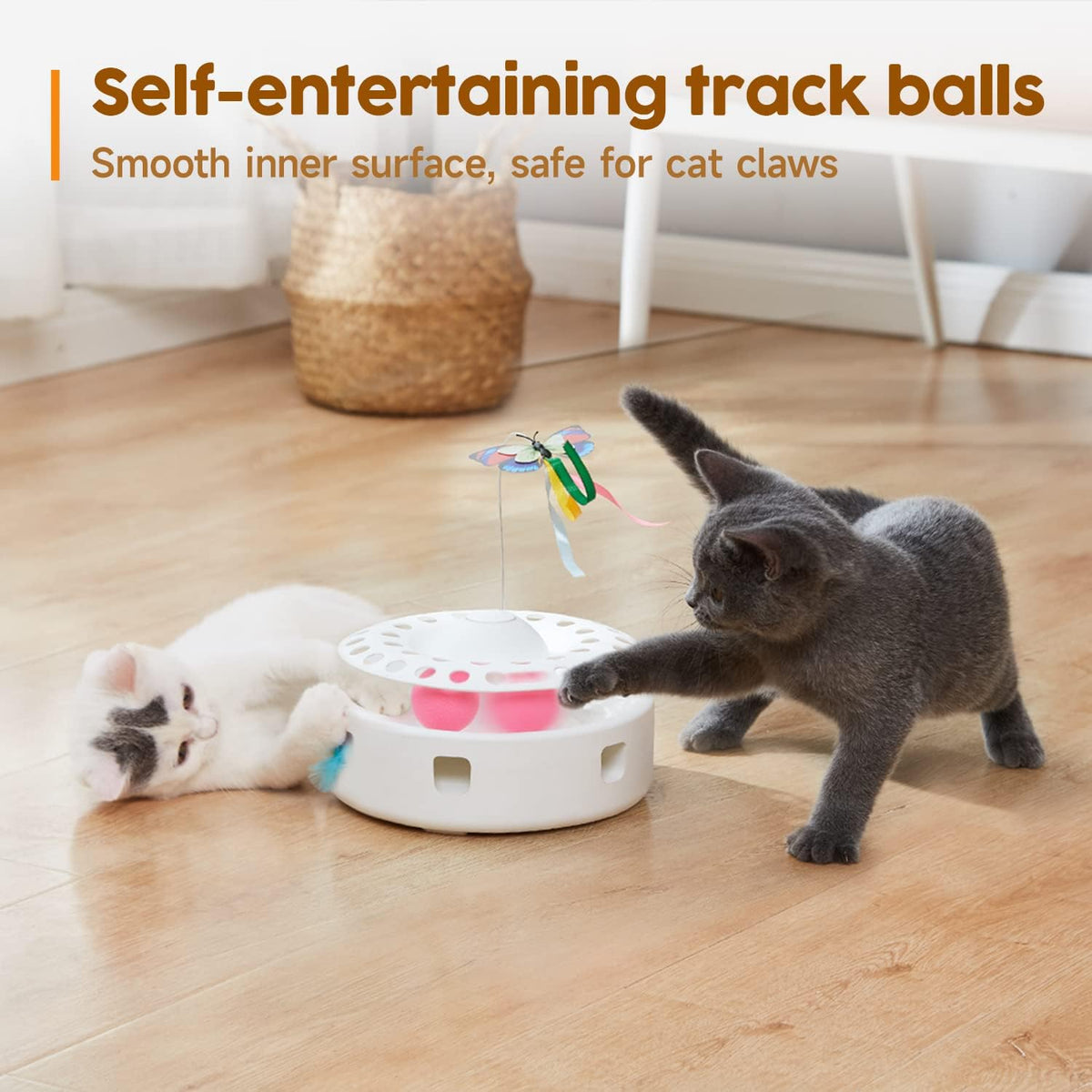 Potaroma Cat Toys 3in1 Automatic Interactive Kitten Toy, Fluttering Butterfly, Moving Feather, Track Balls, Dual Power Supplies, USB Powered, Indoor Exercise Kicker (Bright White)