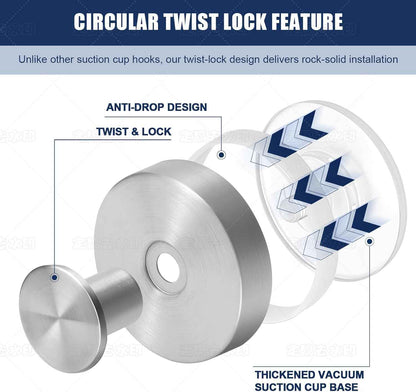 Silver Suction Cup Hooks for Shower Waterproof - Set of 4, No Drill Stainless Steel Towel Hooks for Bathroom Wall, Kitchen, Glass, Mirror, Tile - Ideal for Hanging Towels, Robes, and Loofahs