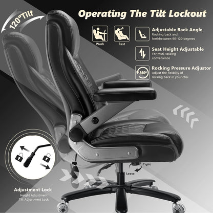 600LBS Large Heavy Duty Office Chair with 5D Flip Arms,Comfy Big and Tall Executive Office Desk Chair with Pocket Spring Cushion,High Back Computer Chair with Lumbar Support,Dual Rubber Wheel