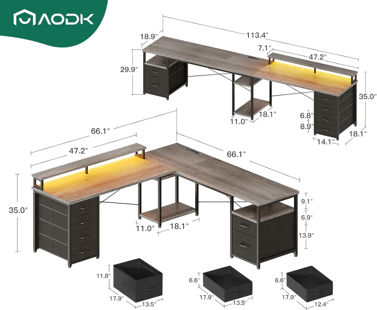 AODK 66" L Shaped Desk, 113" Computer Desk with File Cabinet & 4 Fabric Drawers, Home Office Desk with Monitor Shelf & Power Outlet, Two Person Desk or Corner Desk, Gaming Table with LED Light, Grey