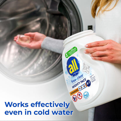 All Laundry Detergent Pacs, Mighty Pacs with OXI Stain Removers and Whiteners, Free Clear, Unscented and Dye Free, 56 Count
