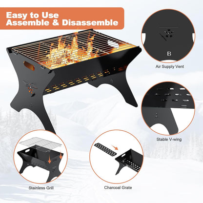 Camping Campfire Grill, 16"Lx12"D Portable Folding Charcoal Grills, Backpacking BBQ Grill with Carry Bag, Outdoor Fire pit for Camping, Picnic, Bonfire, Patio, Backyard