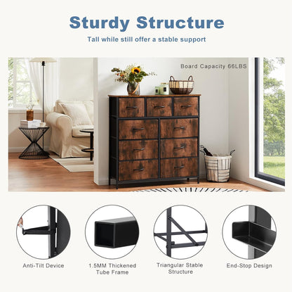 DUMOS Dresser for Bedroom, Storage Organizer with 9 Drawers, Chest of Drawers with Fabric Bins, Sturdy Metal Frame, Wood Tabletop for Guest Room, Closet, Entryway, Brown