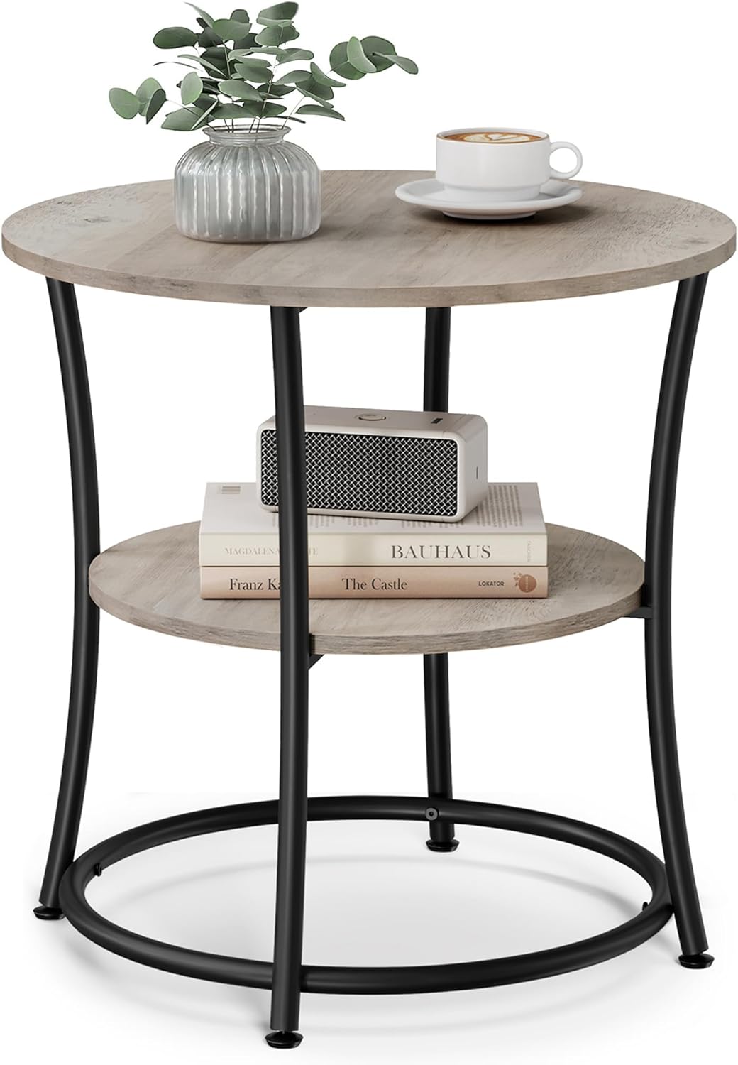 VASAGLE Side Table, 2-Tier Round End Table, Nightstand with Steel Frame for Small Spaces, Living Room, Bedroom, Heather Greige and Ink Black