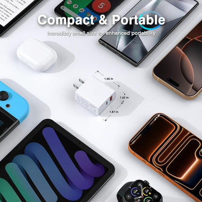 3 Pack USB C Wall Charger, 20W Durable Dual Port QC+PD 3.0 Power Adapter, Double Fast Plug Charging Block for iPhone 14/15/16/17 Pro/Pro Max/Plus, XS/XR/X, Watch Series 8/7 Cube，White